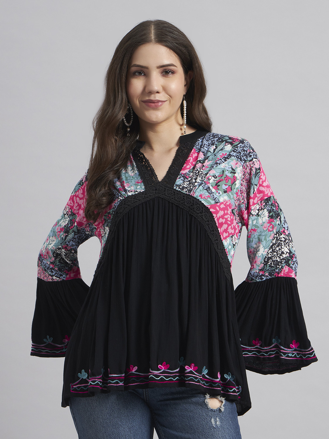 Image of Veldress Casual Bell Sleeves Floral Print, Polka Print, Embroidered Women Black Top