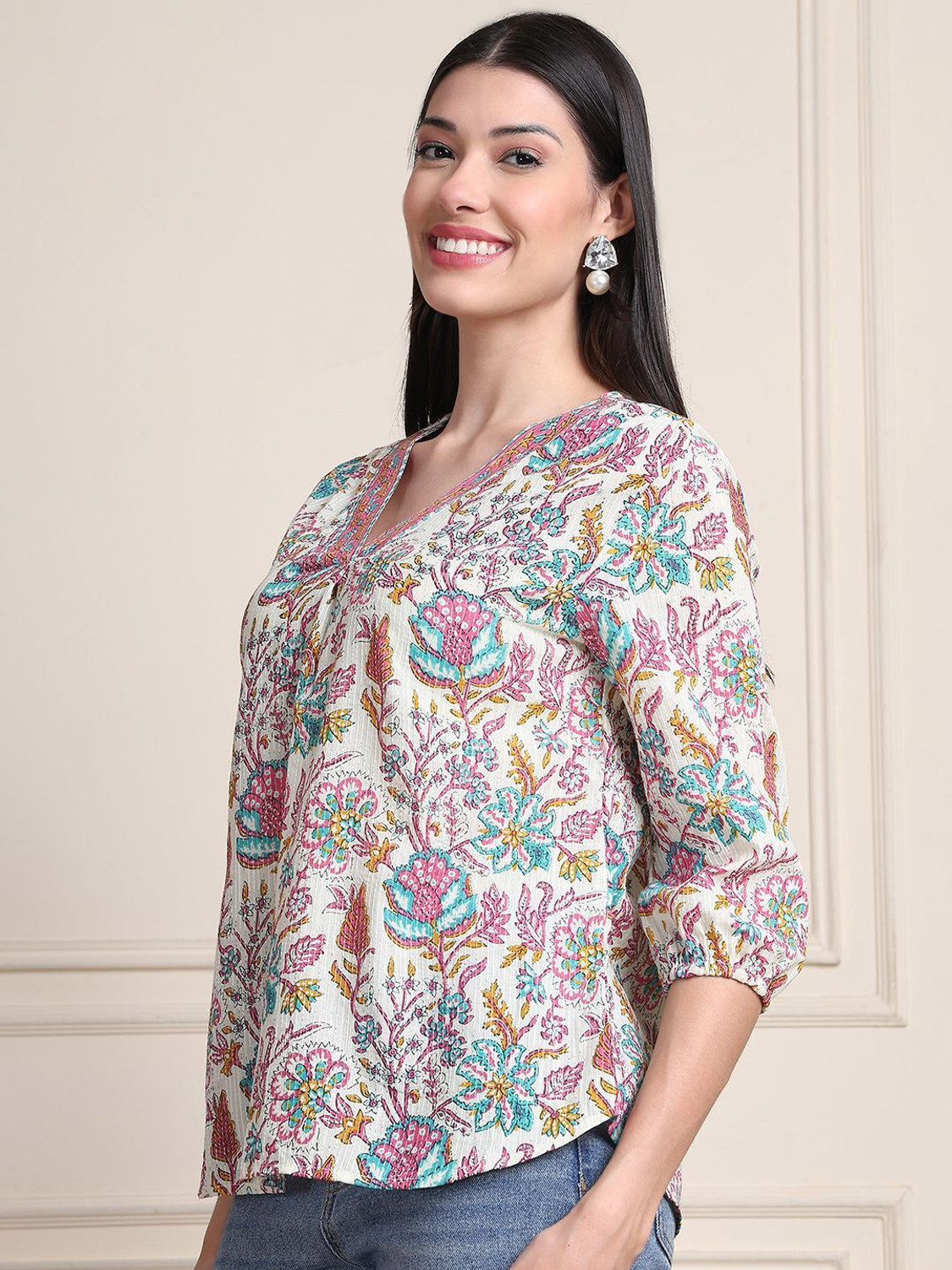 Image of Moda Rapido Casual Puff Sleeves Printed Women Pink Top