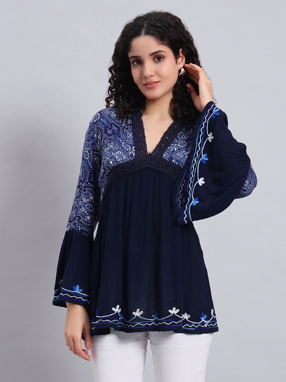 Image of Veldress Casual Bell Sleeves Floral Print, Polka Print, Embroidered Women Black Top