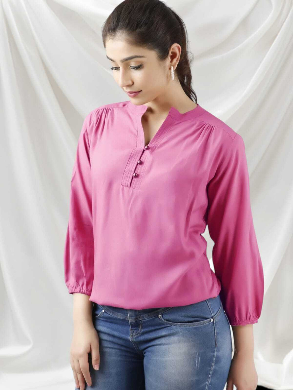 Image of Pittra4ever Casual Regular Sleeves Solid Women Pink Top