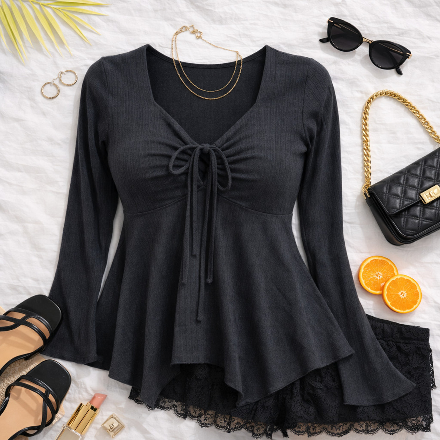 Image of AROD Casual Flared Sleeves Self Design Women Black Top