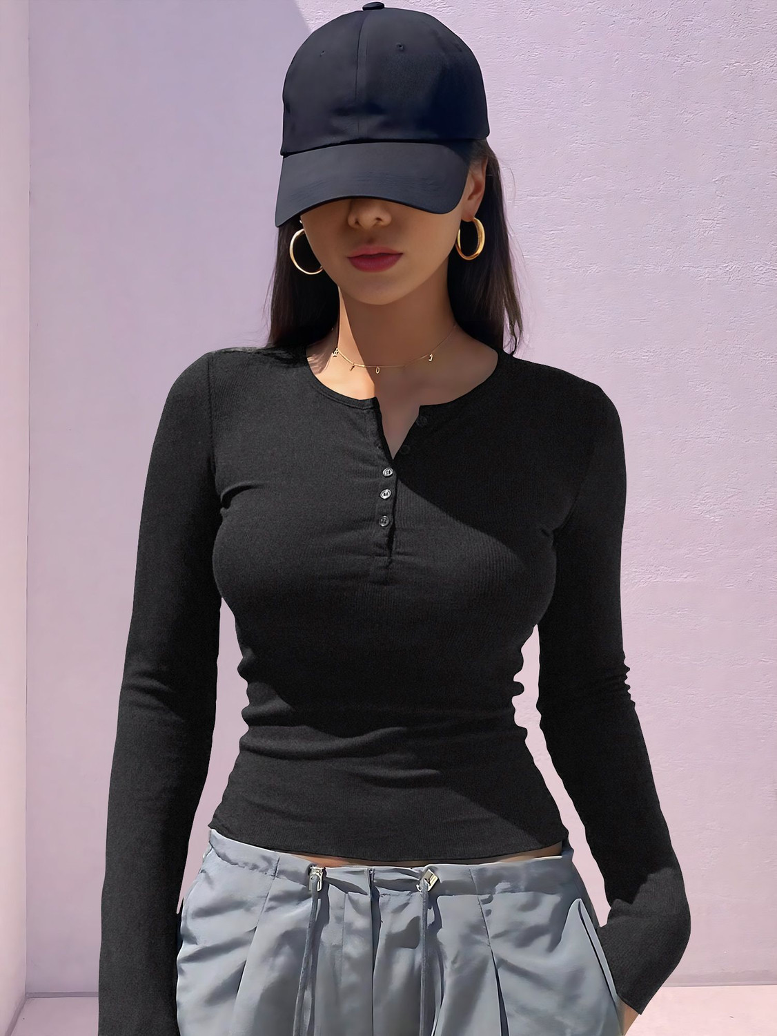 Image of AROD Casual Flared Sleeves Self Design Women Black Top