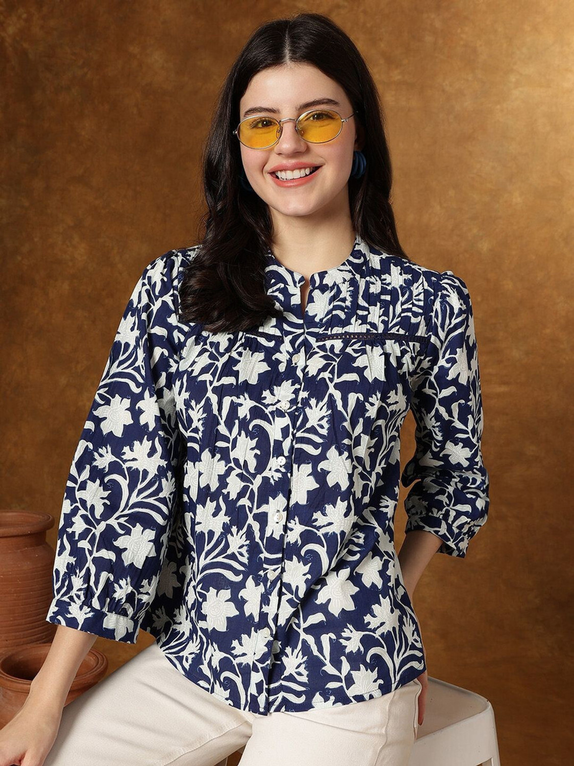 Image of Kavisaa Casual Regular Sleeves Printed Women Dark Blue Top