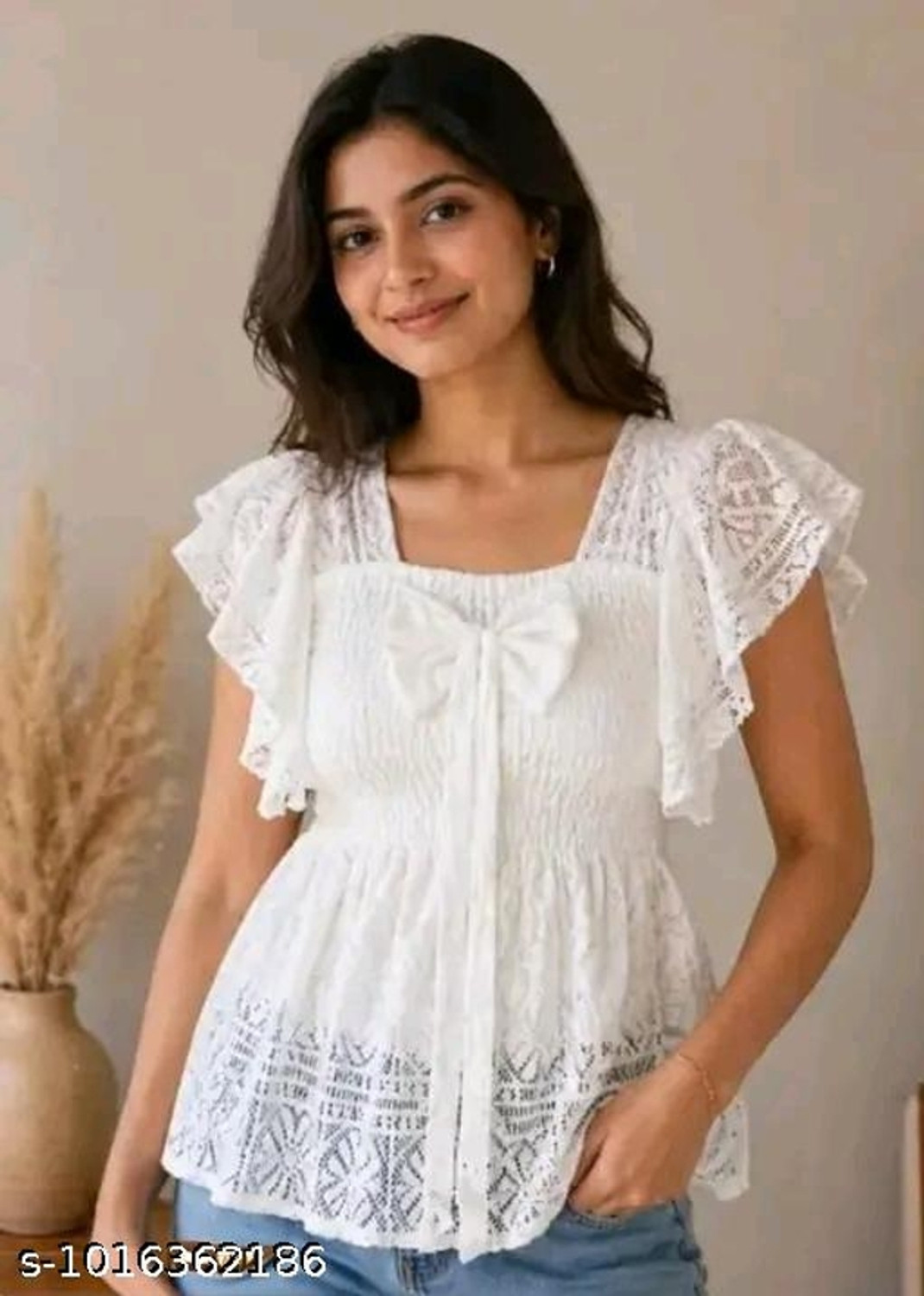 NOORI Women White Party Puff Sleeves Lace Top - Image 1