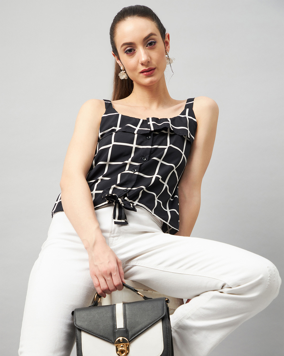Image of ZIMA LETO Casual Sleeveless Checkered Women White, Black Top