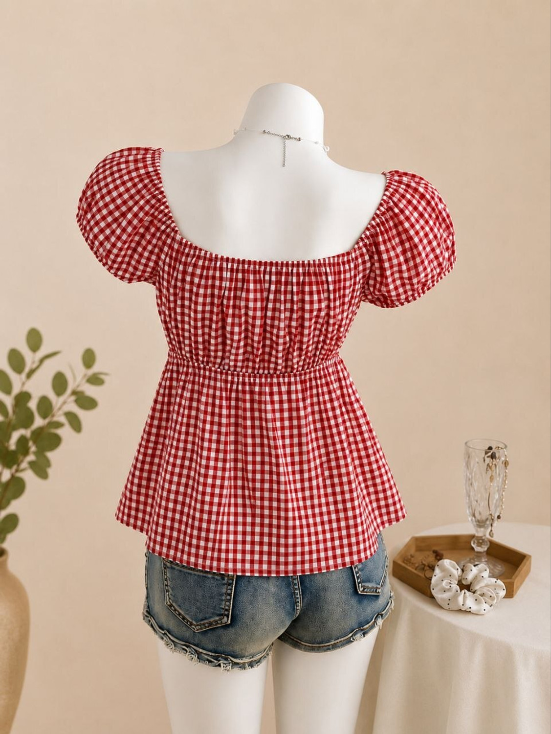 Image of Bullish Casual Puff Sleeves Checkered Women Red, White Top