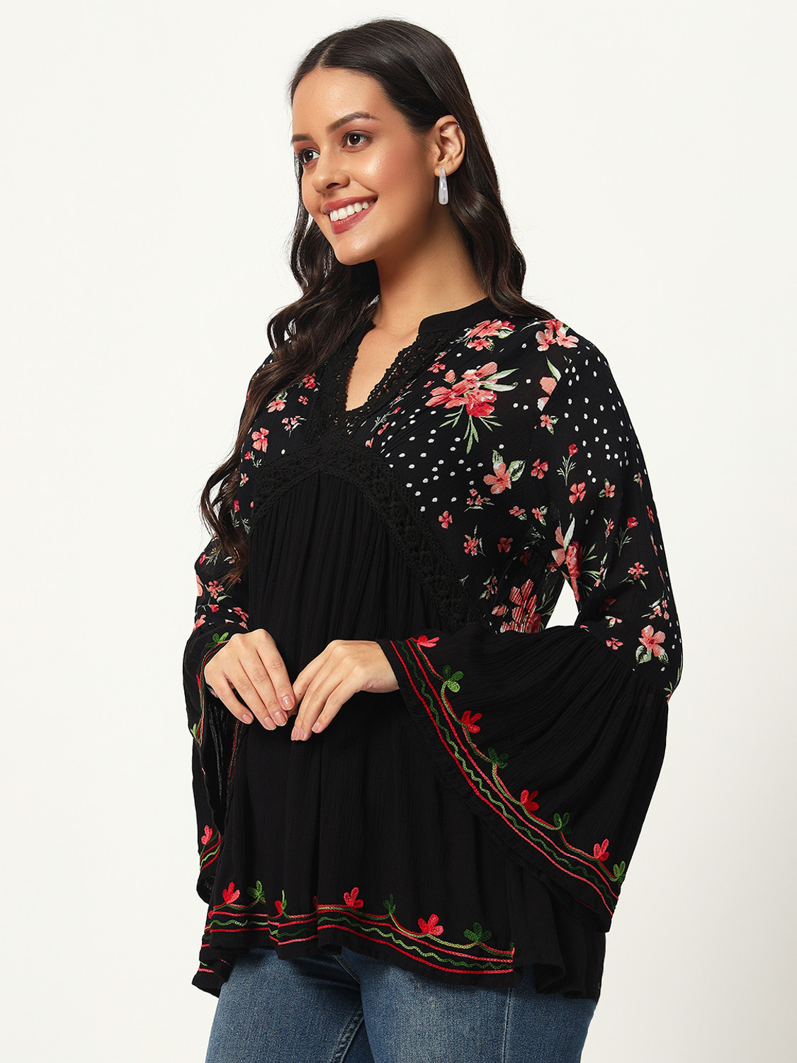 Image of Veldress Casual Bell Sleeves Floral Print, Polka Print, Embroidered Women Black Top
