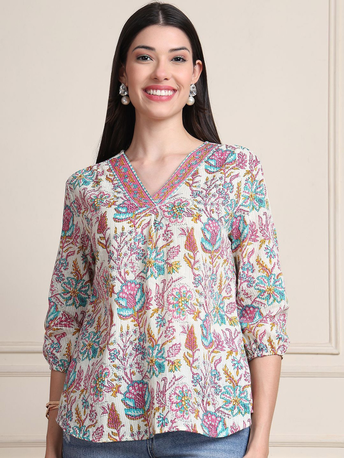 Image of Moda Rapido Casual Puff Sleeves Printed Women Pink Top