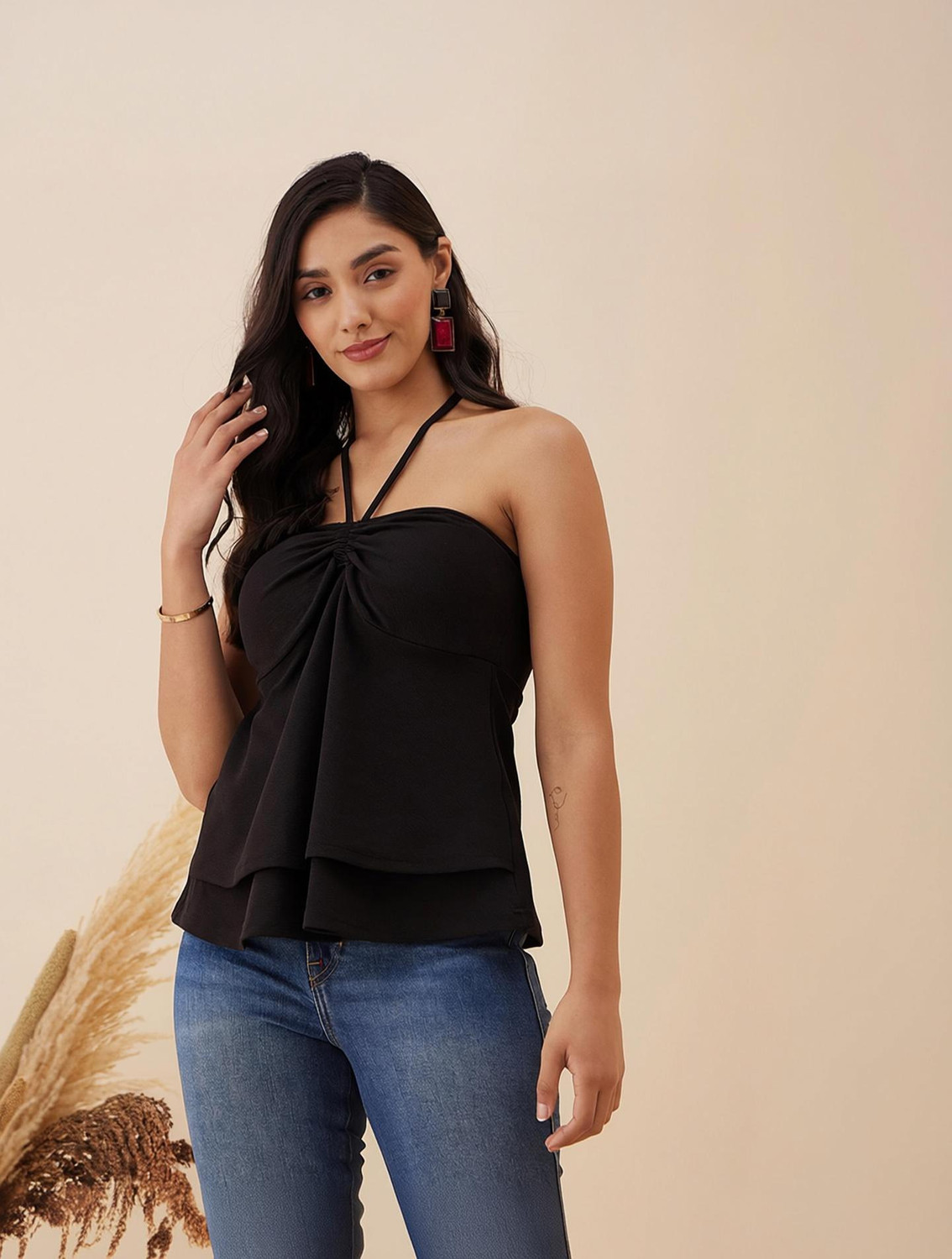 Image of RARE Casual Regular Sleeves Solid Women Black Top