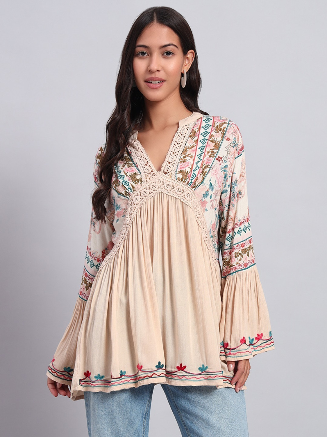 Image of Veldress Casual Bell Sleeves Floral Print, Polka Print, Embroidered Women Black Top