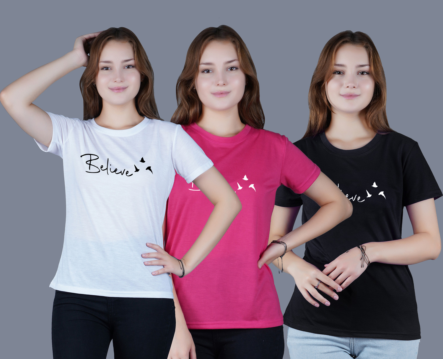 Image of ZentWorld Pack of 3 Women Printed Round Neck Cotton Blend Multicolor T-Shirt