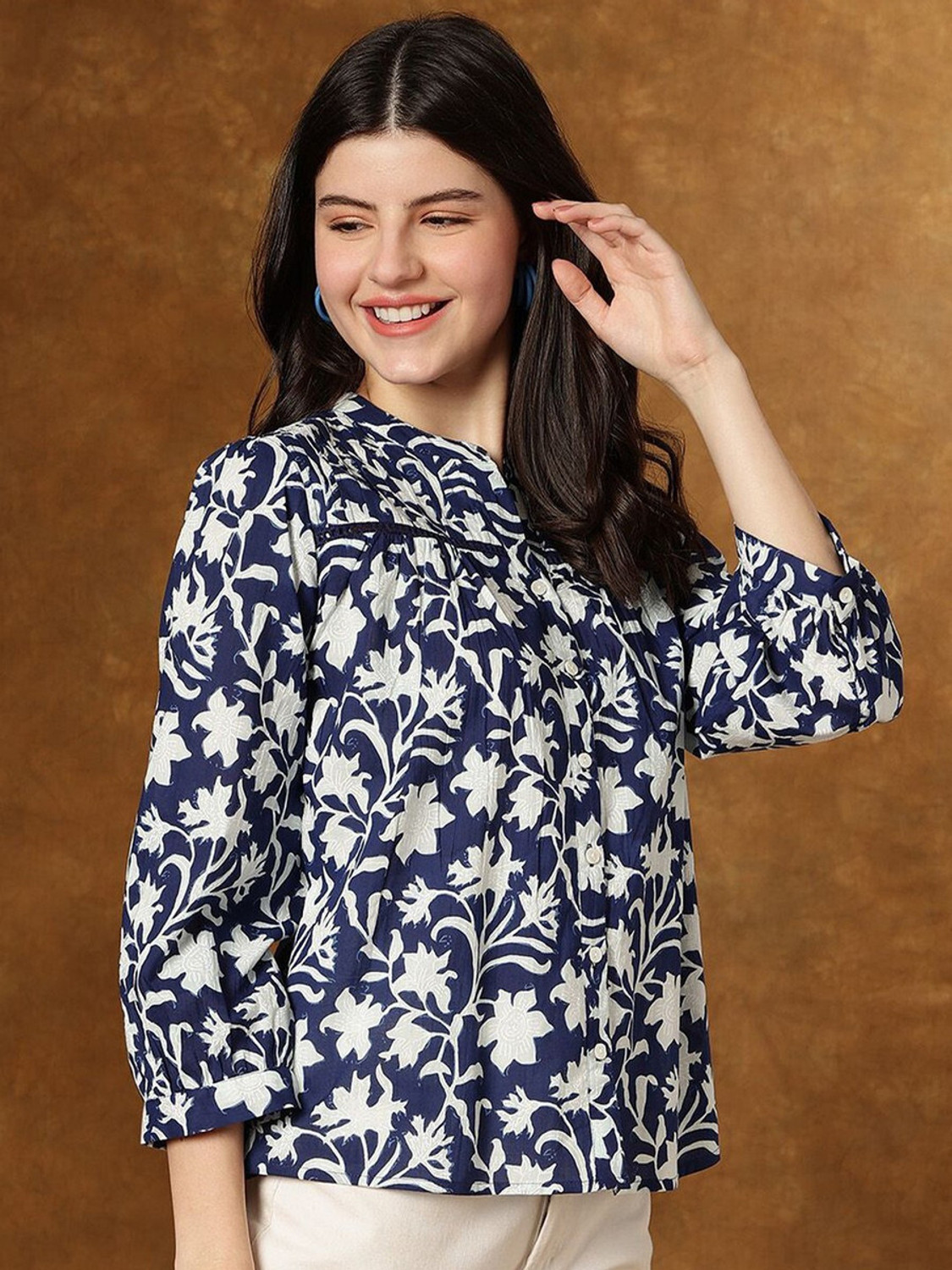 Image of Kavisaa Casual Regular Sleeves Printed Women Dark Blue Top