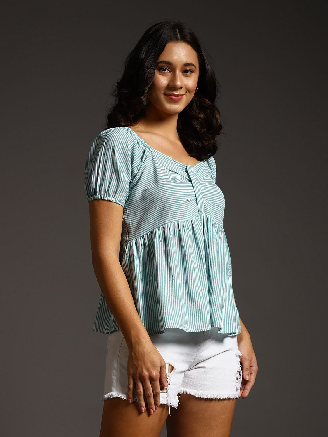 Image of HouseOfCommon Casual Regular Sleeves Striped Women Blue Top