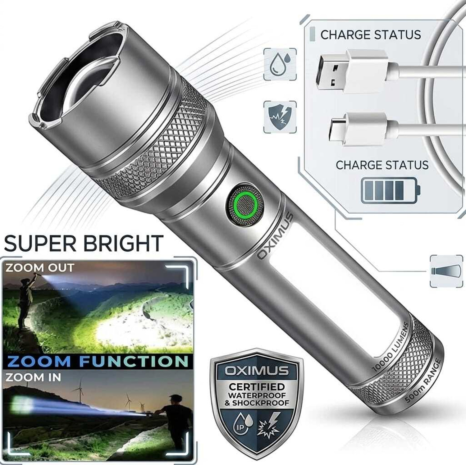 Image of PHILIPS Aircraft Aluminium Alloy, Zoom LED Flashlight - 2500 lm, 9000mAh , SFL5102 /56 Torch (Silver, 29.05 cm, Rechargeable)