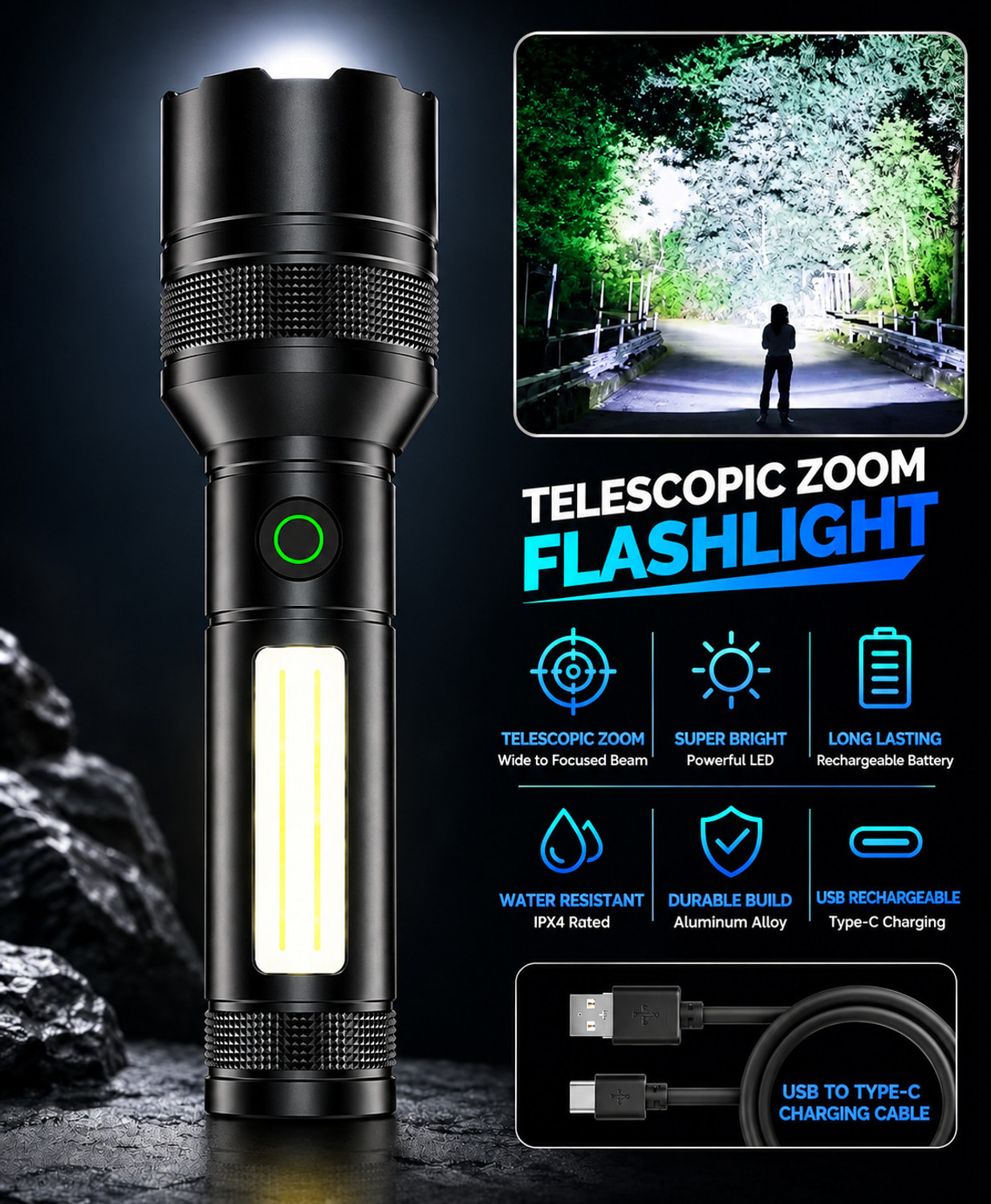 CRENTILA M81 Tactical COB Flashlight | 10000 Lumens With Zoom & Blinker LED Focus/Flood Torch (Black, 15 cm, Rechargeable) - Image 1