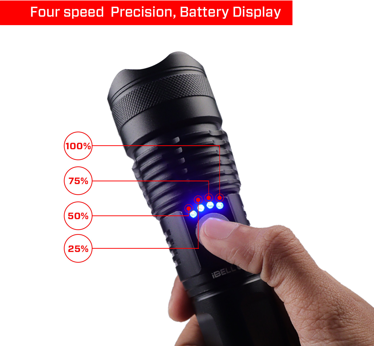 Image of iBELL FL8360S Flashlight, 10W, Multiple Light Modes, Water Resistant, Telescopic Zoom Torch (Black, 16.5 cm, Rechargeable)
