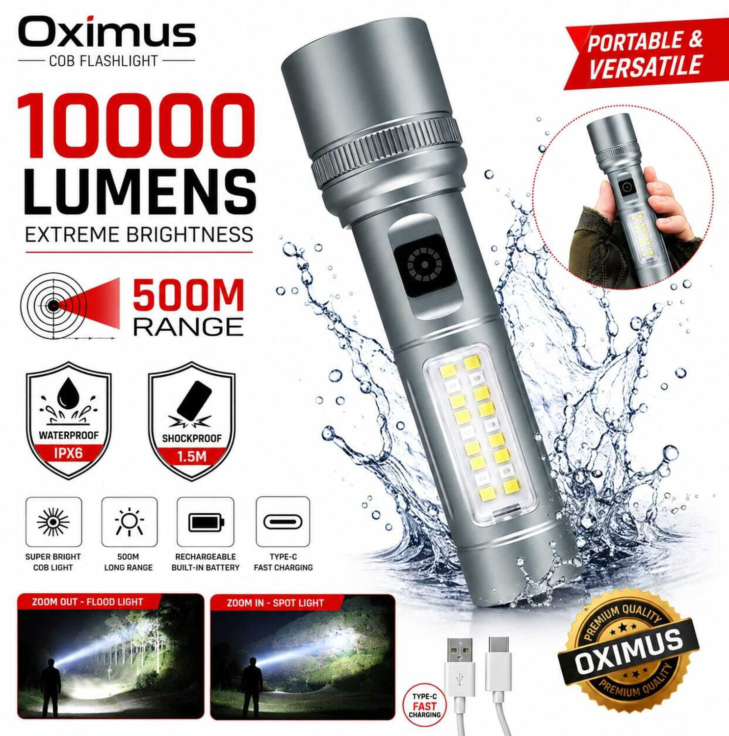Image of PHILIPS Aircraft Aluminium Alloy, Zoom LED Flashlight - 2500 lm, 9000mAh , SFL5102 /56 Torch (Silver, 29.05 cm, Rechargeable)