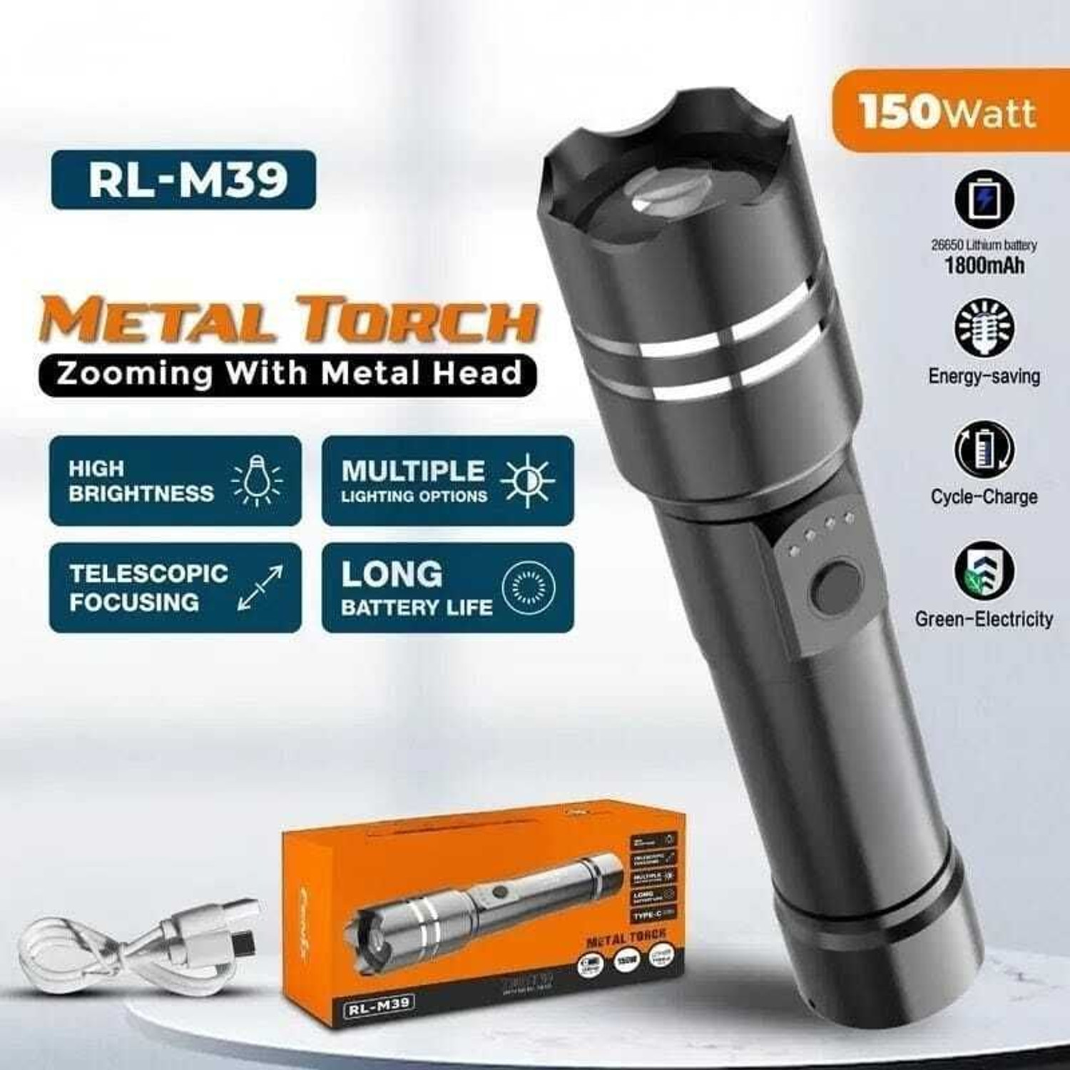 Image of Kay-Joy RL-M39 Type-C Rechargeable LED Torch, 150W, Long Beam Zoom Flashlight Torch (Black, Silver, 16 cm, Rechargeable)