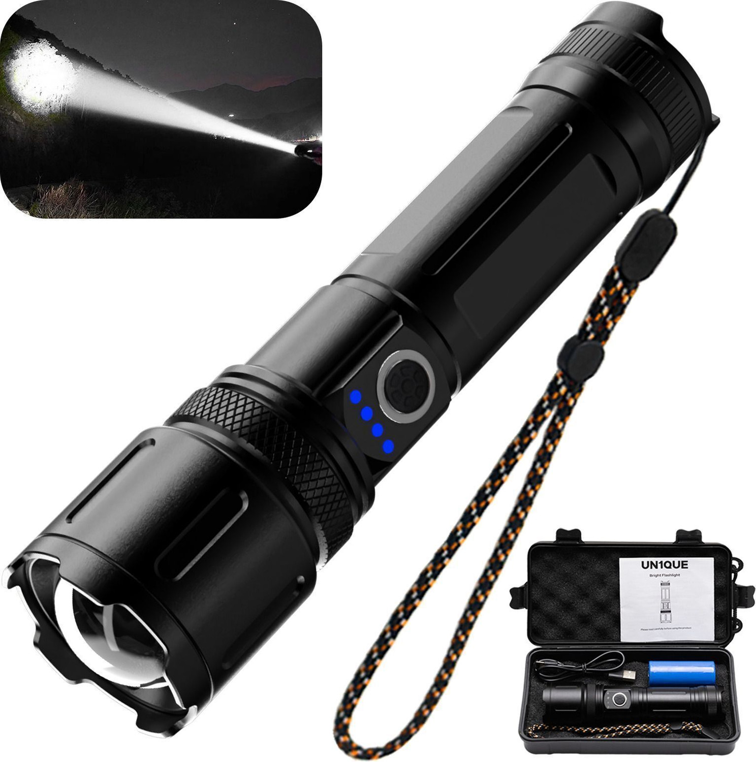 Image of Kay-Joy RL-M17 High Power LED Flashlight - Zoomable Head, Rechargeable 3000mAh Torch (Black, Silver, 16 cm, Rechargeable)