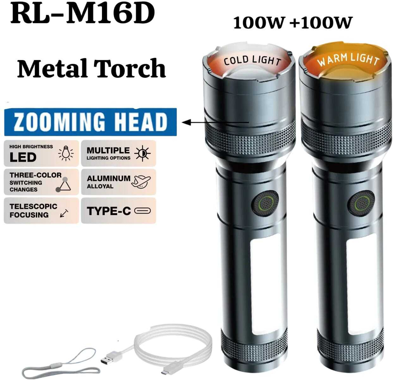 Image of Kay-Joy RL-M16D LED Handheld Flashlight | Type-C Fast Charging | Side COB Light Torch (Grey, 14 cm, Rechargeable)