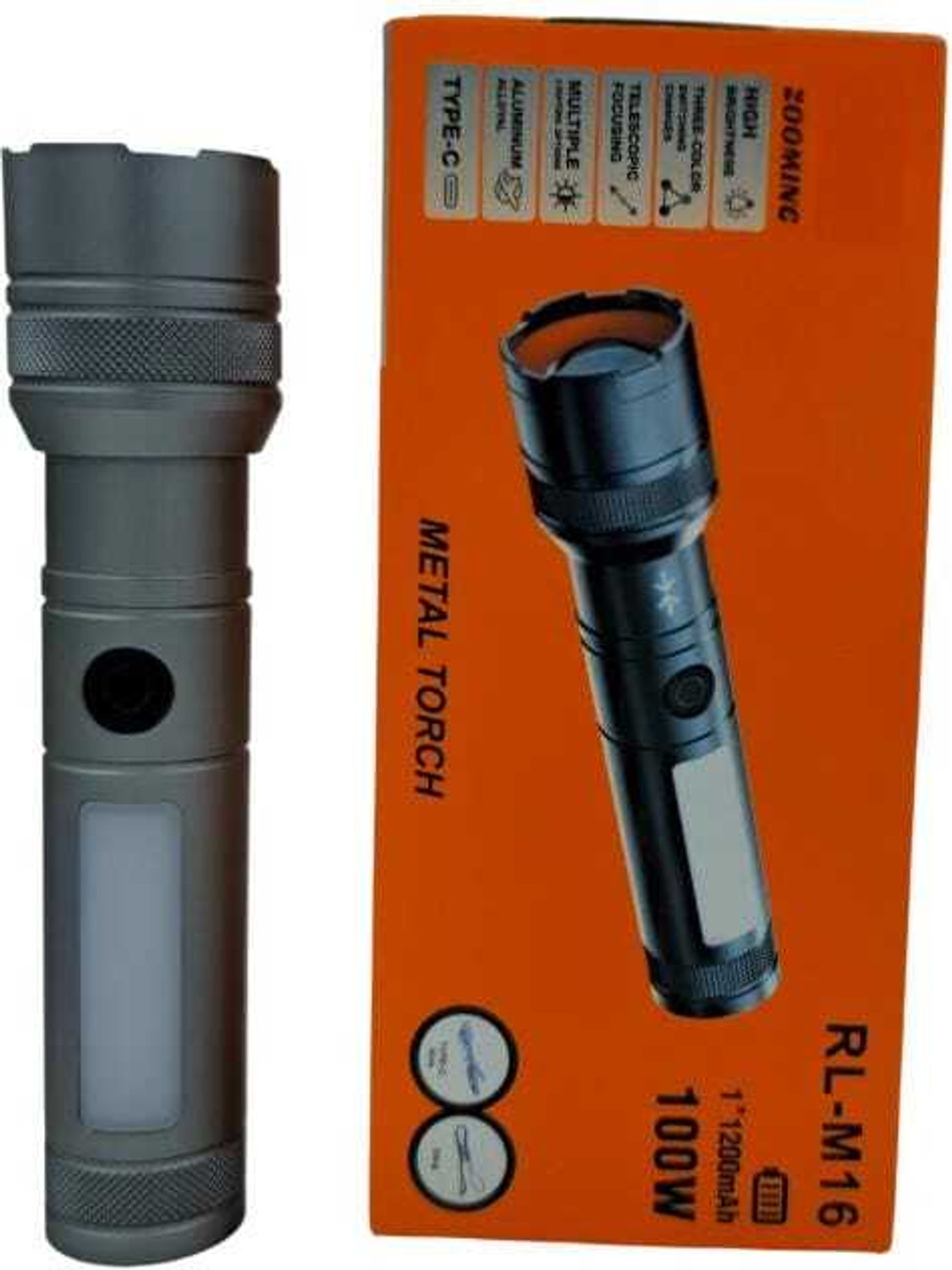 Image of Kay-Joy RL-M16D LED Handheld Flashlight | Type-C Fast Charging | Side COB Light Torch (Grey, 14 cm, Rechargeable)