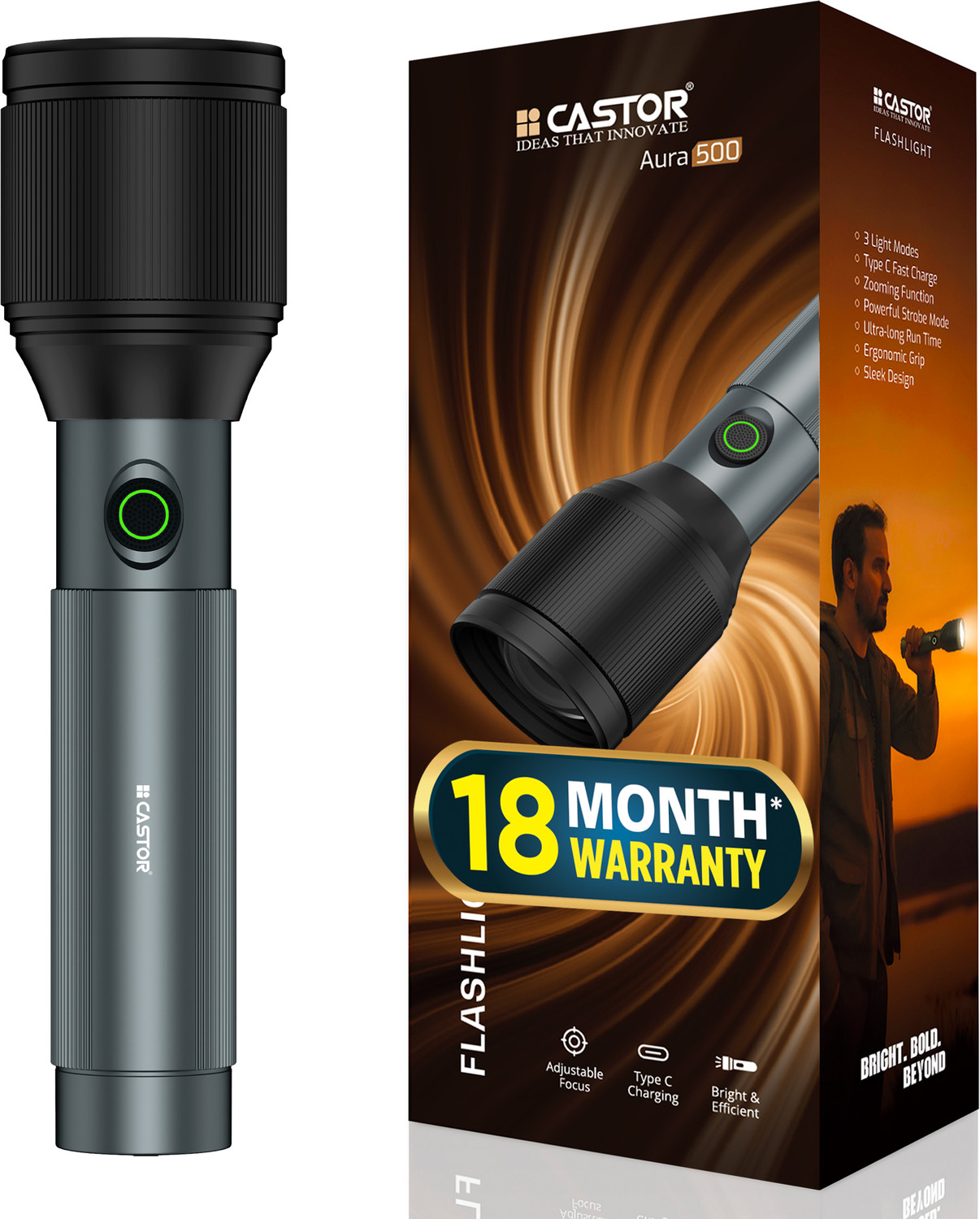 Image of iBELL FL8360S Flashlight, 10W, Multiple Light Modes, Water Resistant, Telescopic Zoom Torch (Black, 16.5 cm, Rechargeable)