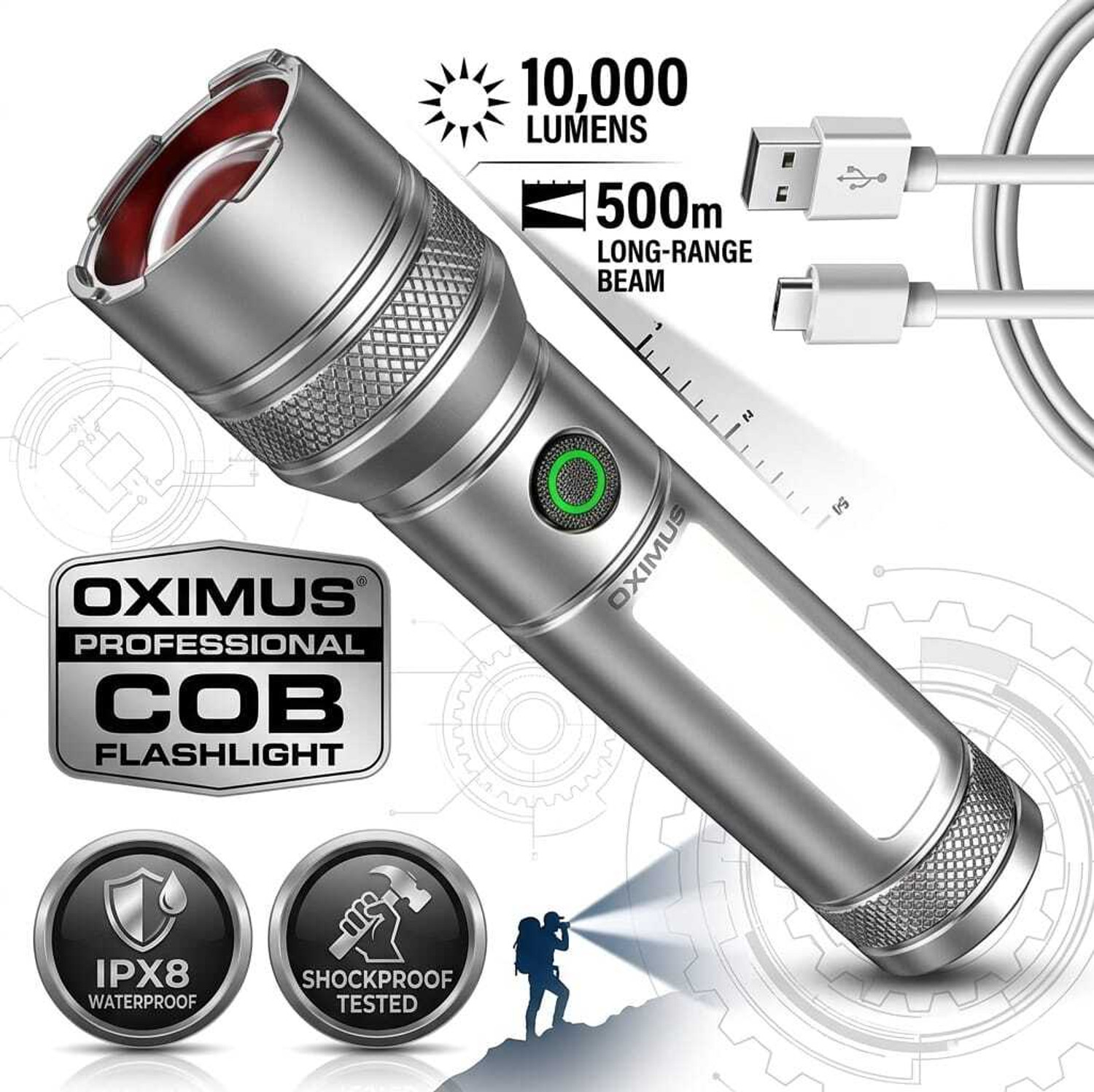 Image of PHILIPS Aircraft Aluminium Alloy, Zoom LED Flashlight - 2500 lm, 9000mAh , SFL5102 /56 Torch (Silver, 29.05 cm, Rechargeable)