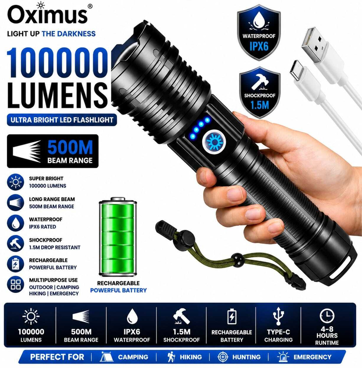 Oximus Waterproof LED Flashlight 5 Modes - Image 1
