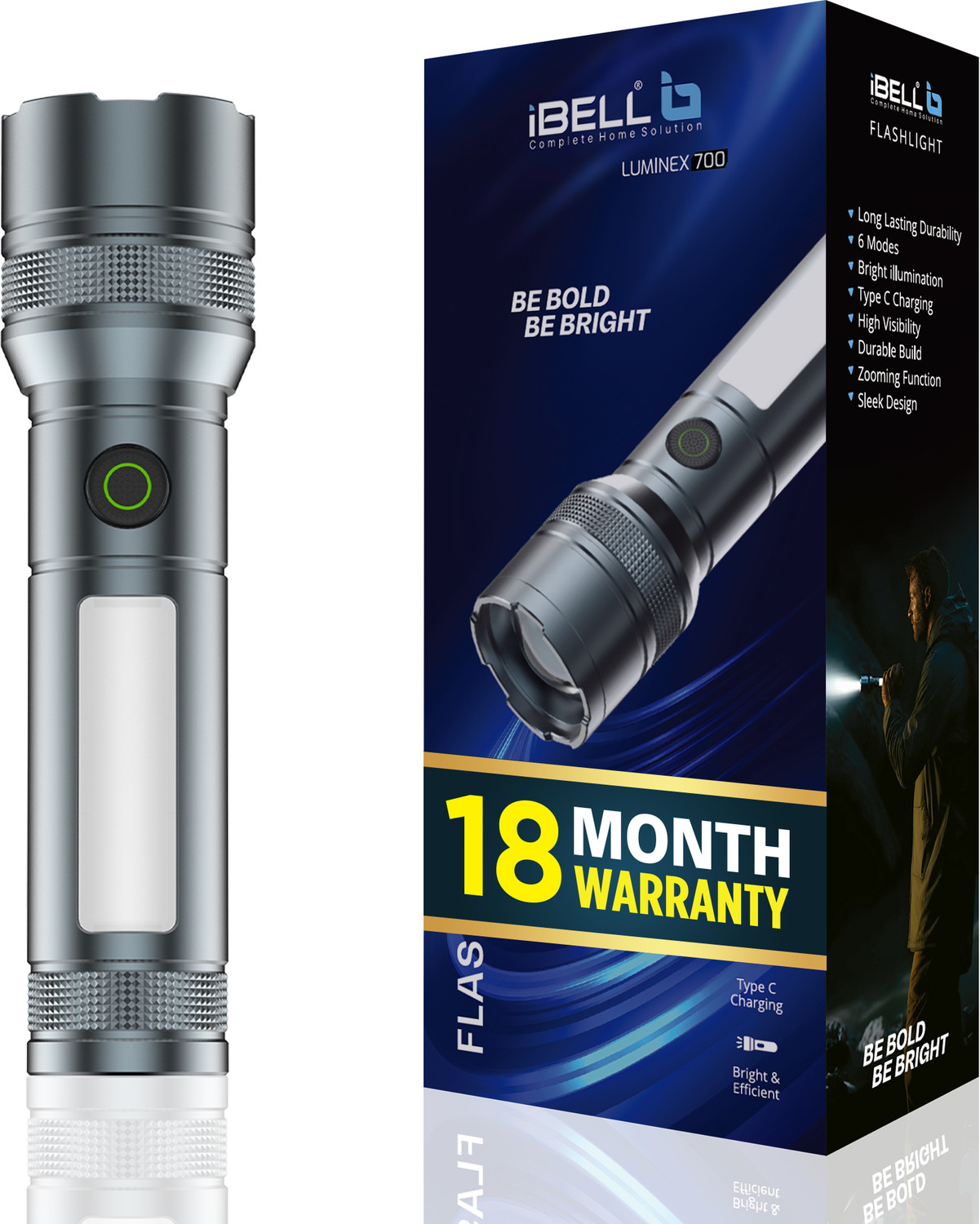 Image of Kay-Joy RL-M16D LED Handheld Flashlight | Type-C Fast Charging | Side COB Light Torch (Grey, 14 cm, Rechargeable)