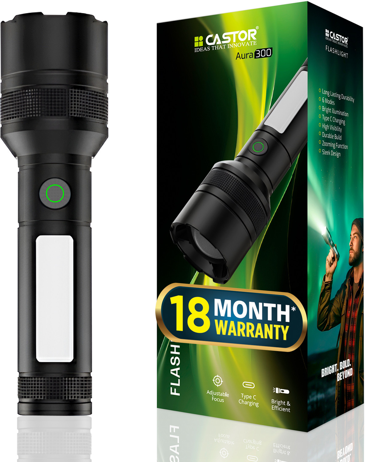 Image of iBELL FL8360S Flashlight, 10W, Multiple Light Modes, Water Resistant, Telescopic Zoom Torch (Black, 16.5 cm, Rechargeable)