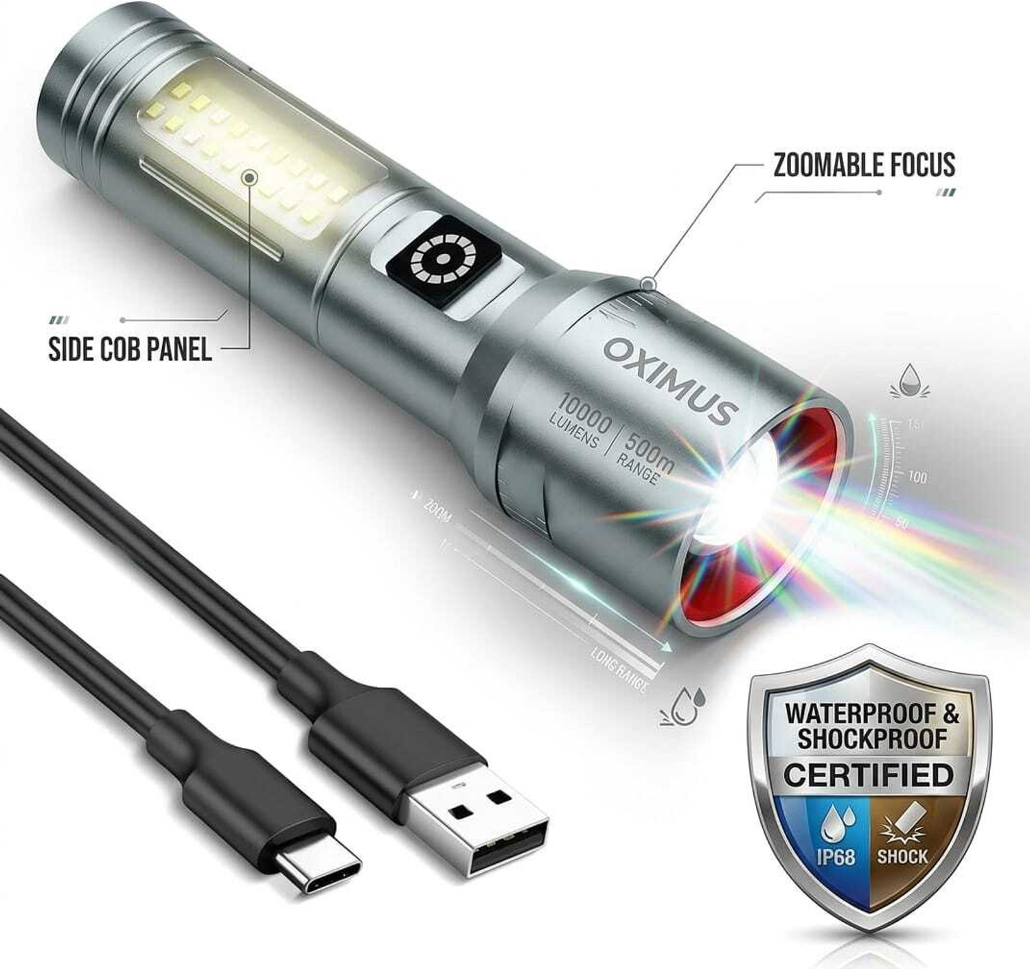 Image of PHILIPS Aircraft Aluminium Alloy, Zoom LED Flashlight - 2500 lm, 9000mAh , SFL5102 /56 Torch (Silver, 29.05 cm, Rechargeable)