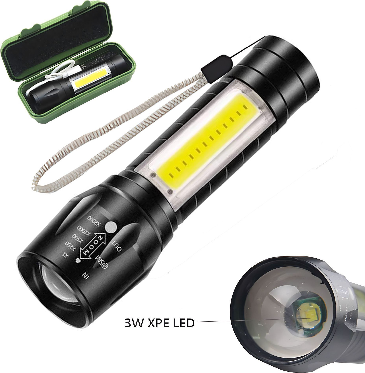 Image of Trendy styler Standard Aluminum COB Tactical Waterproof LED USB Rechargeable 4 hrs Torch Emergency Light (Black)