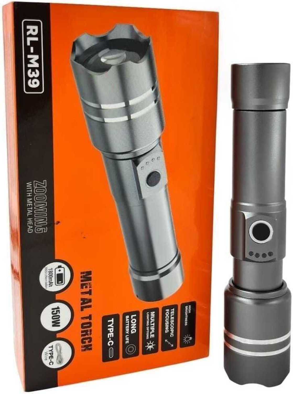Image of Kay-Joy RL-M39 Type-C Rechargeable LED Torch, 150W, Long Beam Zoom Flashlight Torch (Black, Silver, 16 cm, Rechargeable)