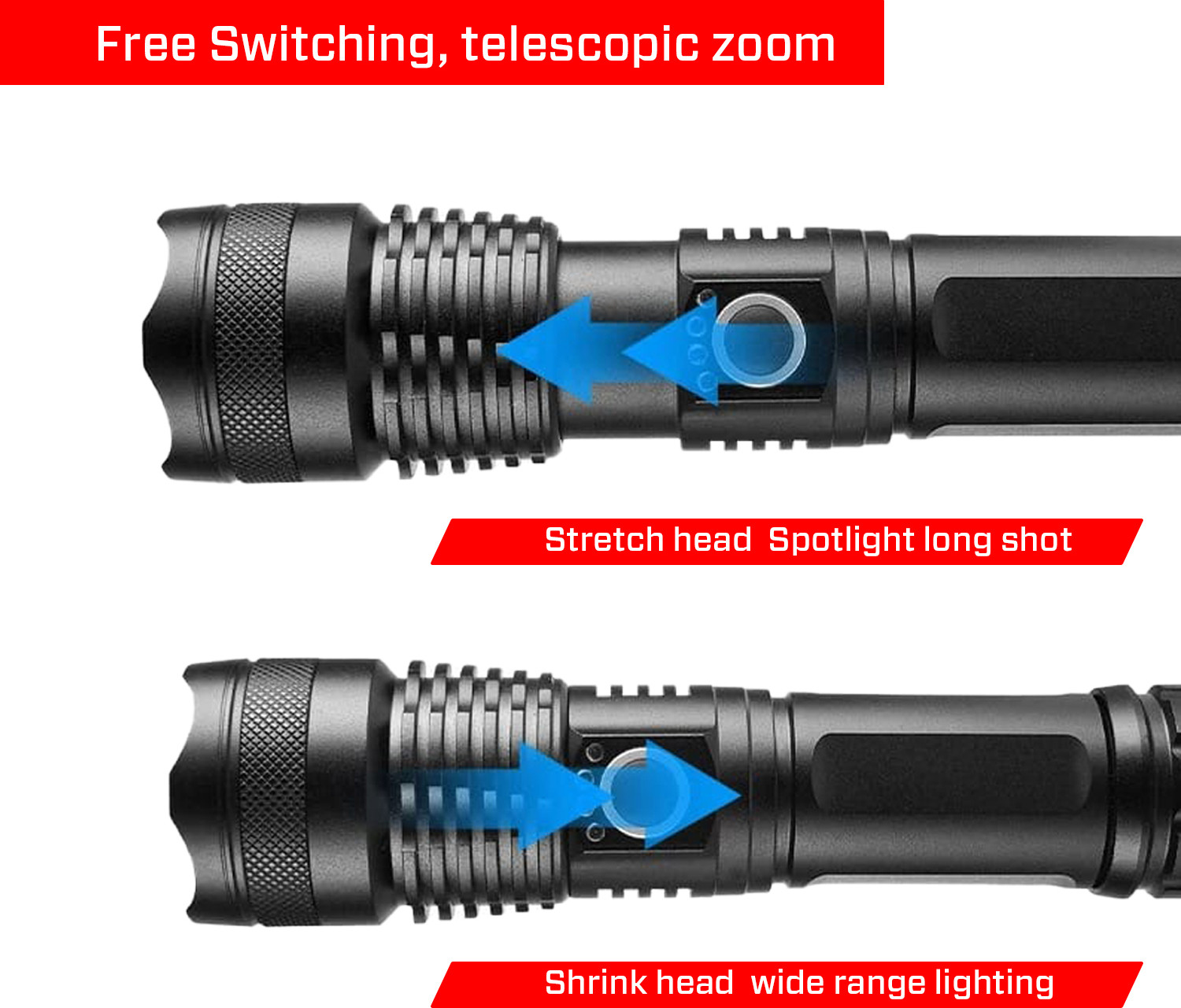 Image of iBELL FL8360S Flashlight, 10W, Multiple Light Modes, Water Resistant, Telescopic Zoom Torch (Black, 16.5 cm, Rechargeable)