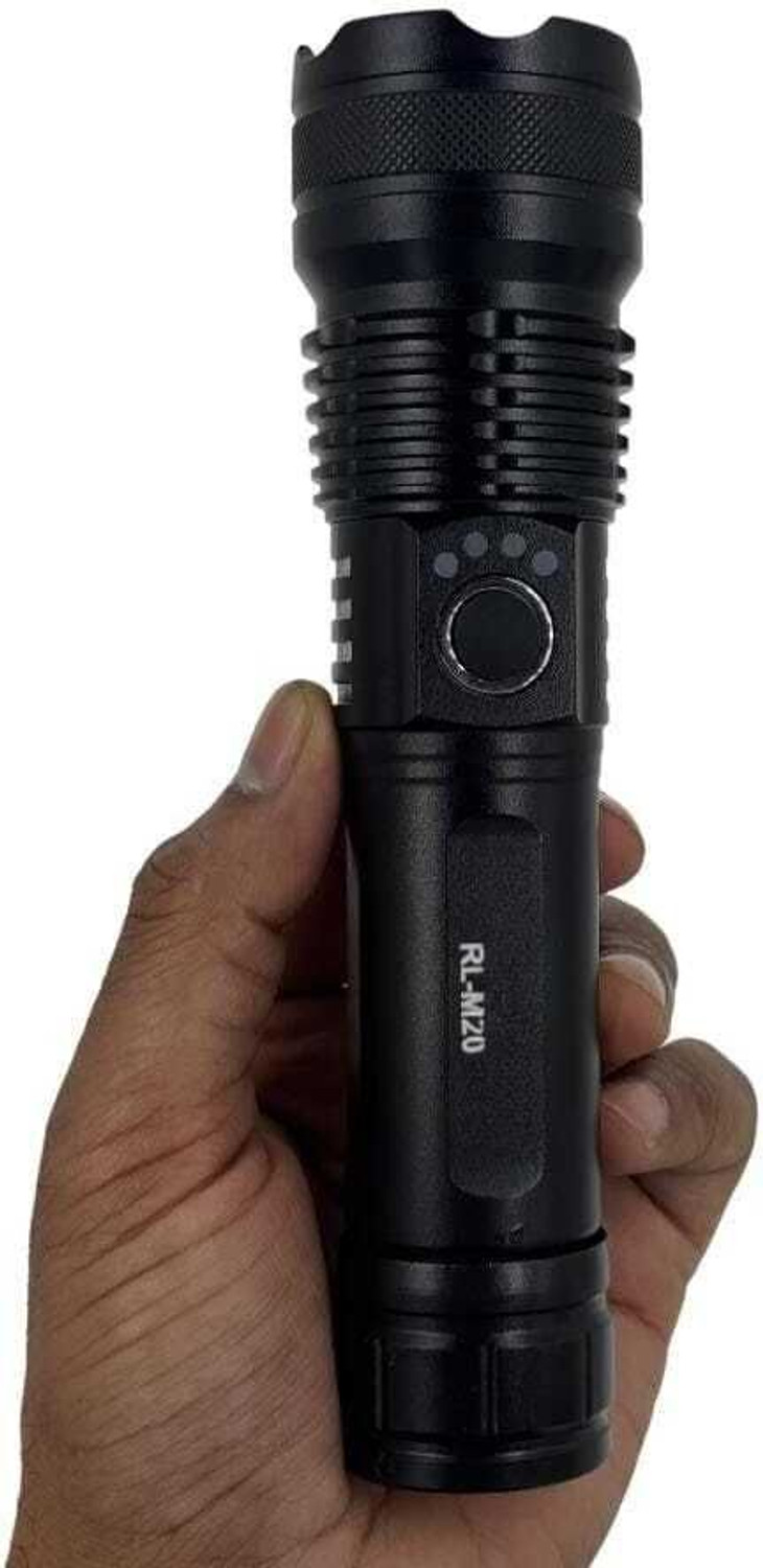 Image of Kay-Joy RL-M17 High Power LED Flashlight - Zoomable Head, Rechargeable 3000mAh Torch (Black, Silver, 16 cm, Rechargeable)