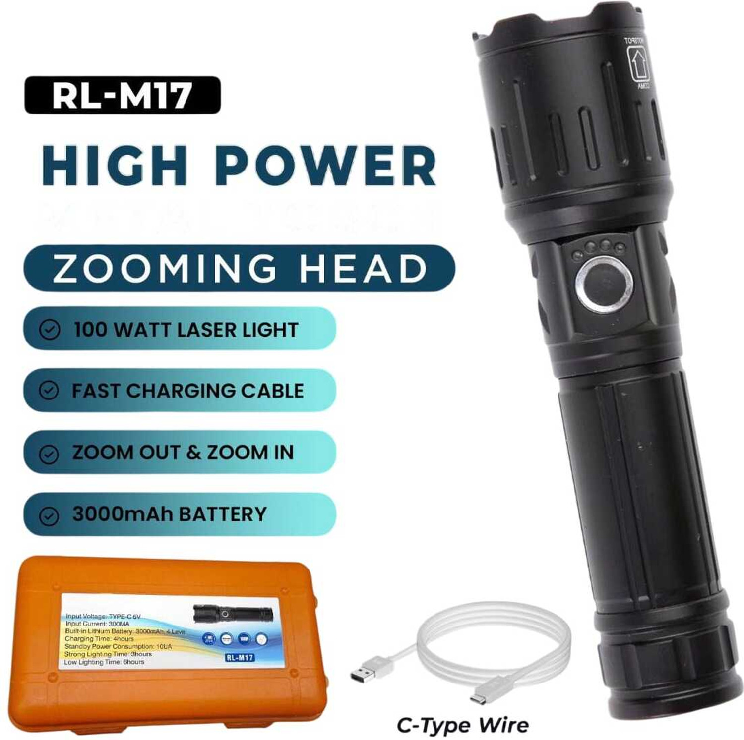 Image of Kay-Joy RL-M17 High Power LED Flashlight - Zoomable Head, Rechargeable 3000mAh Torch (Black, Silver, 16 cm, Rechargeable)