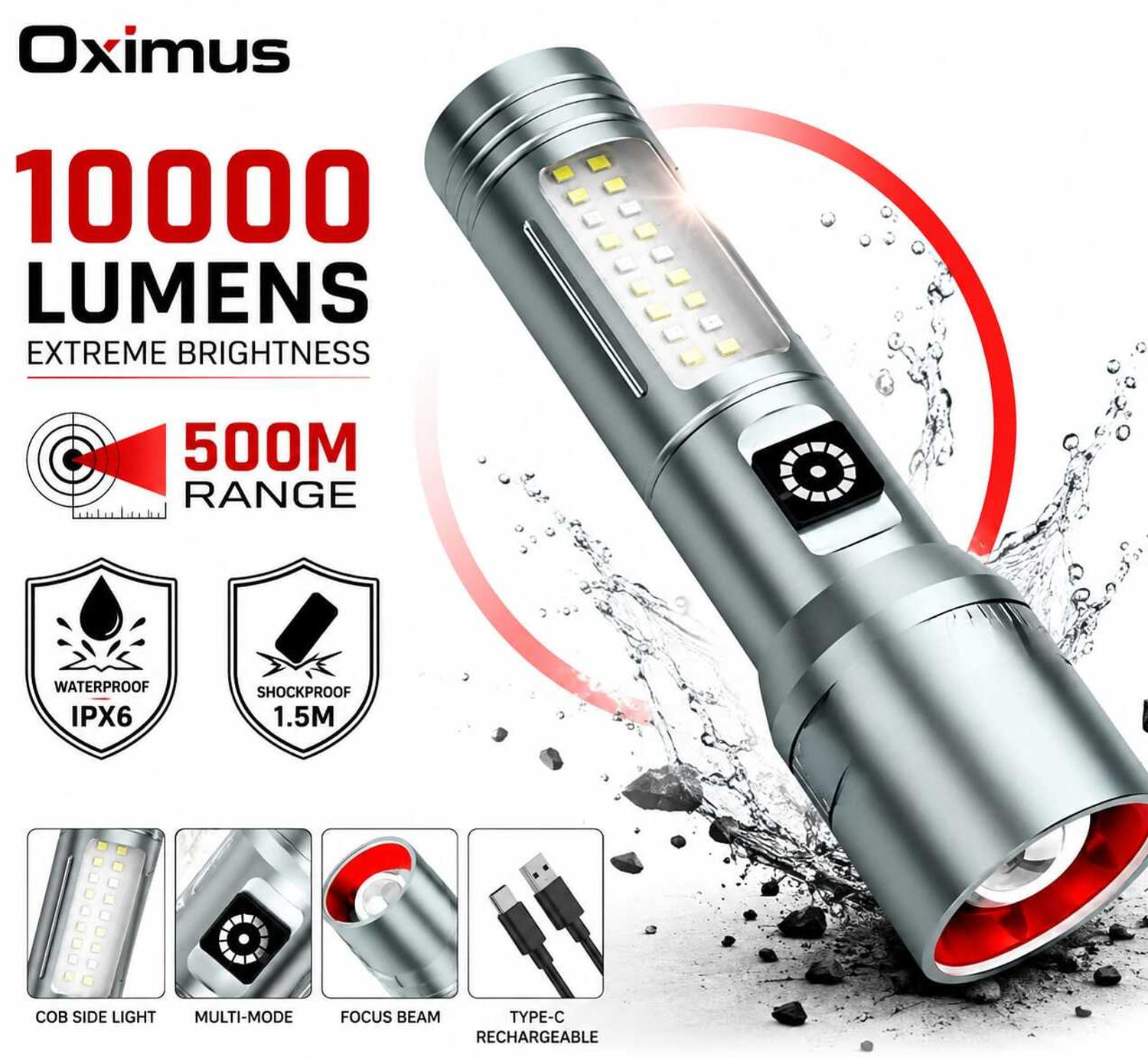 Image of PHILIPS Aircraft Aluminium Alloy, Zoom LED Flashlight - 2500 lm, 9000mAh , SFL5102 /56 Torch (Silver, 29.05 cm, Rechargeable)