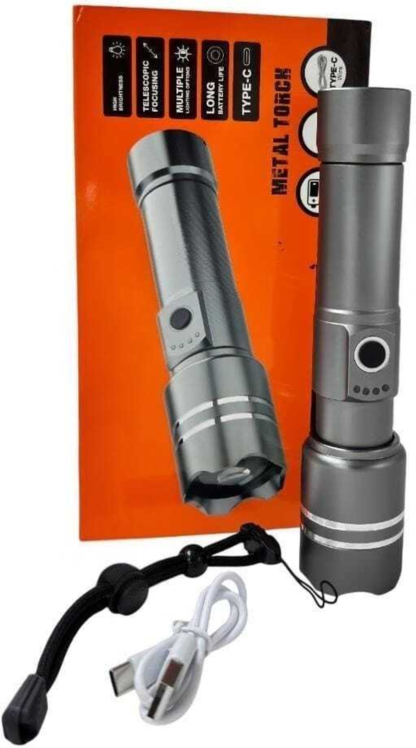 Image of Kay-Joy RL-M39 Type-C Rechargeable LED Torch, 150W, Long Beam Zoom Flashlight Torch (Black, Silver, 16 cm, Rechargeable)
