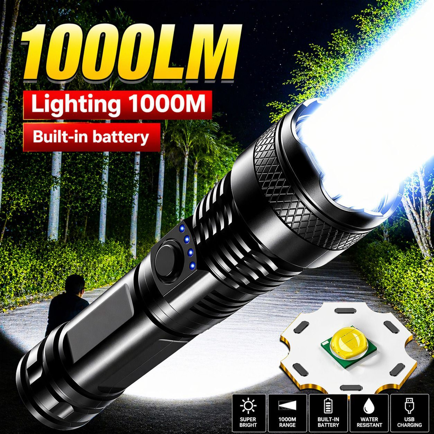 Image of iBELL FL8360S Flashlight, 10W, Multiple Light Modes, Water Resistant, Telescopic Zoom Torch (Black, 16.5 cm, Rechargeable)