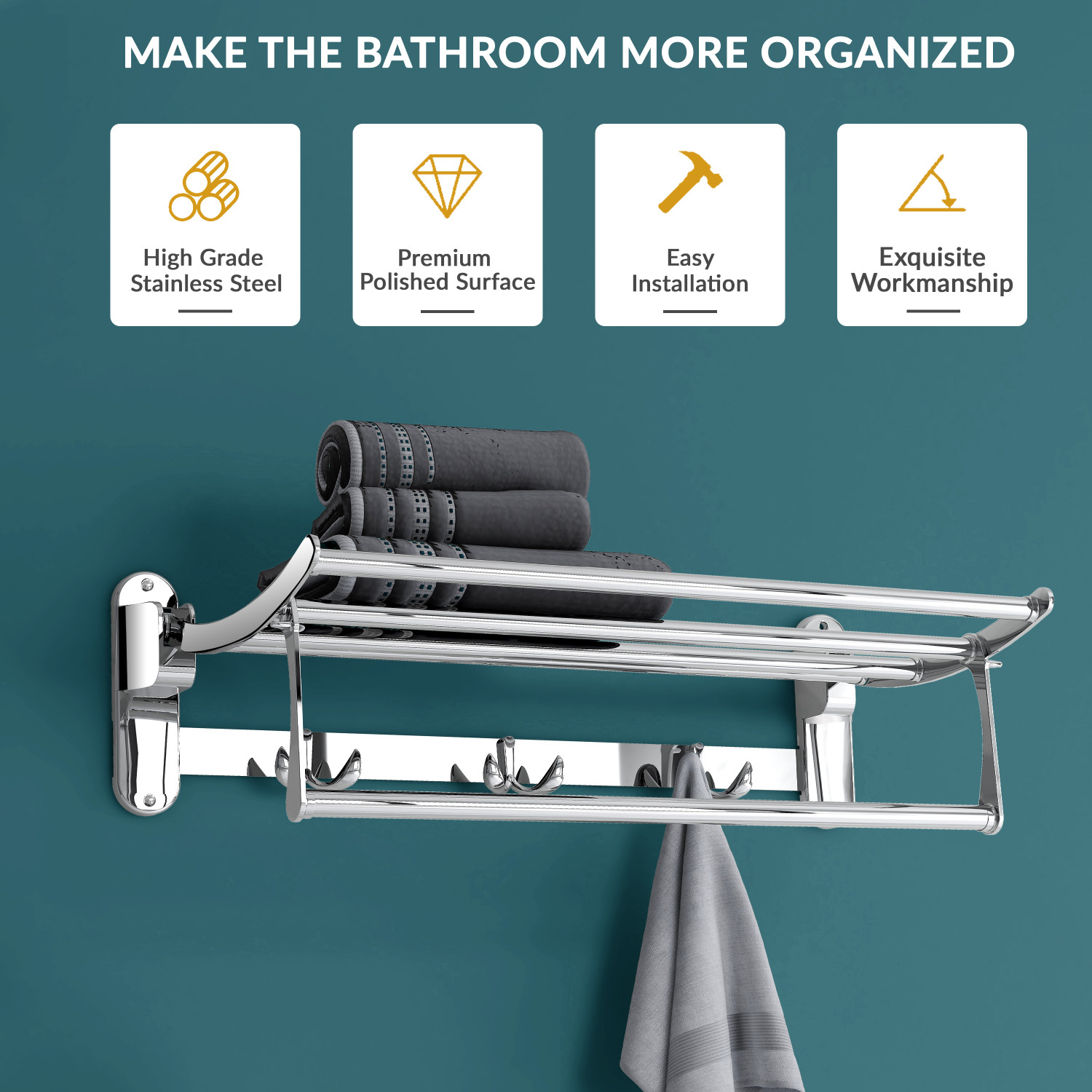 Image of IMPULSE Pitru Premium Stainless Steel Folding Towel Rack /Towel Stand /Hanger /Bathroom Accessories(18 Inches) Chrome Plated Towel Holder (Stainless Steel)