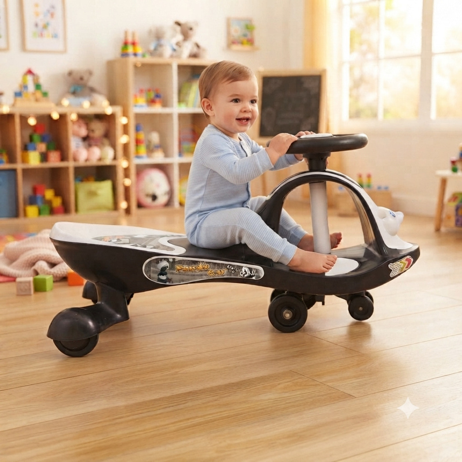 Image of DUGGI MUGGI Musical Panda Magic Car for Kids Rideons & Wagons Non Battery Operated Ride On Tricycle (Black, White)