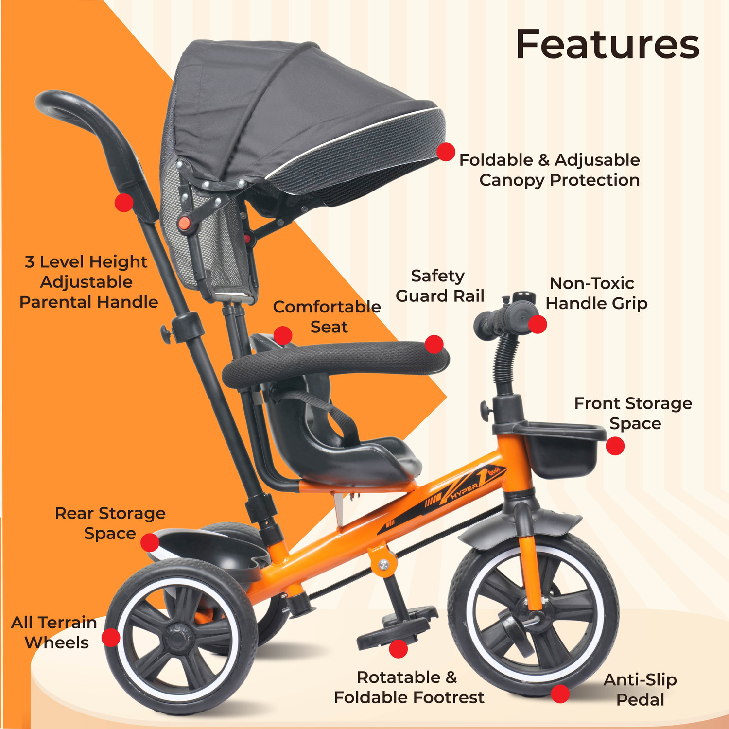 Image of Little lions Hyper Pro Orange Hyper 500 PRO Canopy /Plug N Play Trike /Baby Tricycle with Parental Control Tricycle (Orange)