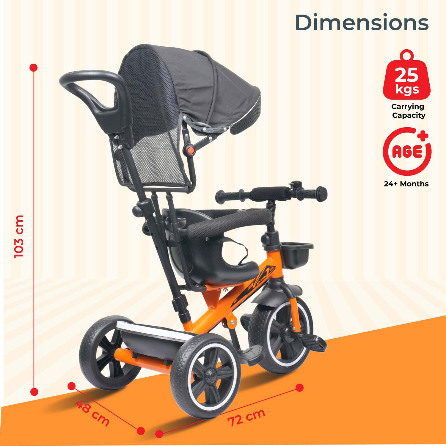 Image of Little lions Hyper Pro Orange Hyper 500 PRO Canopy /Plug N Play Trike /Baby Tricycle with Parental Control Tricycle (Orange)