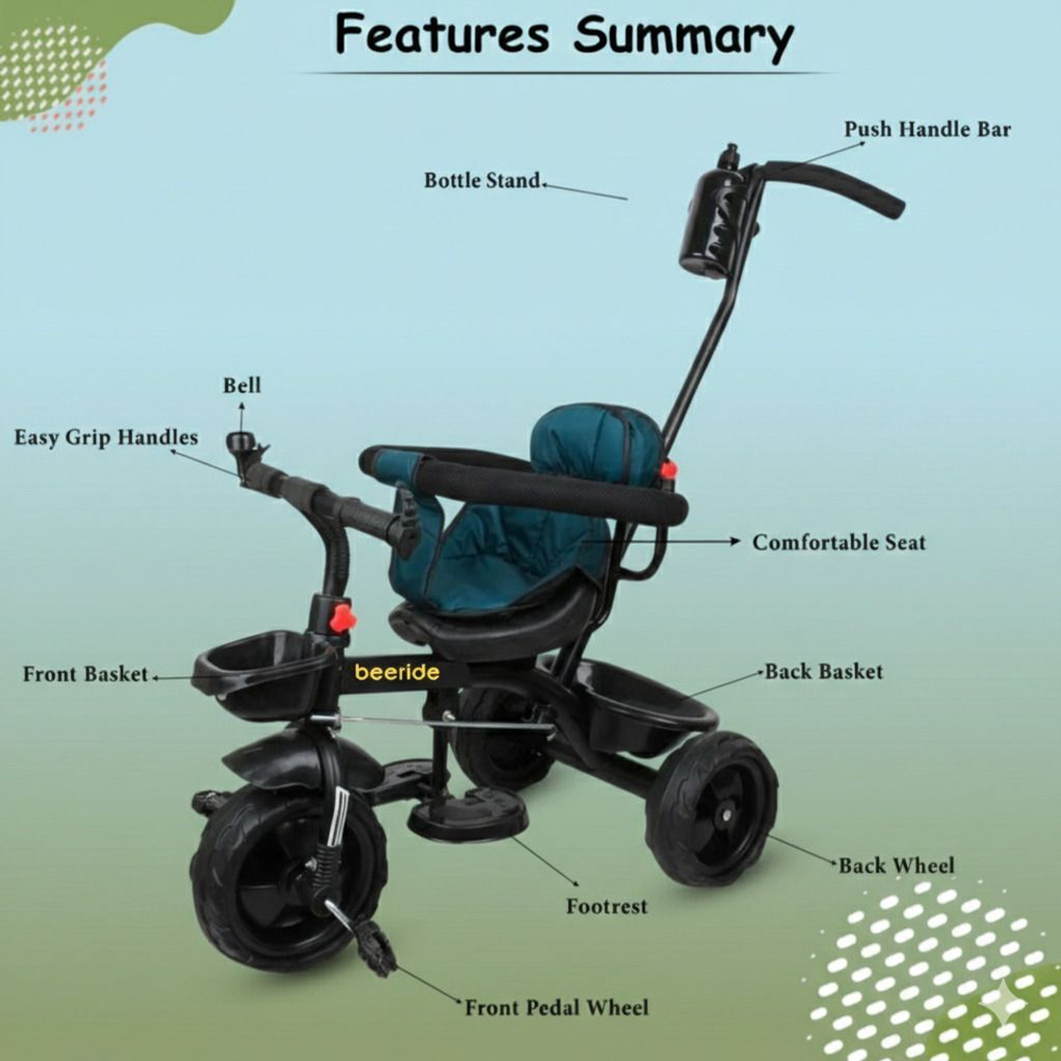 Image of BEERIDE Premium Padded Baby Trike with 360 Safety Guardrail, Ergonomic Backrest DVPOT-11B Tricycle (Blue)