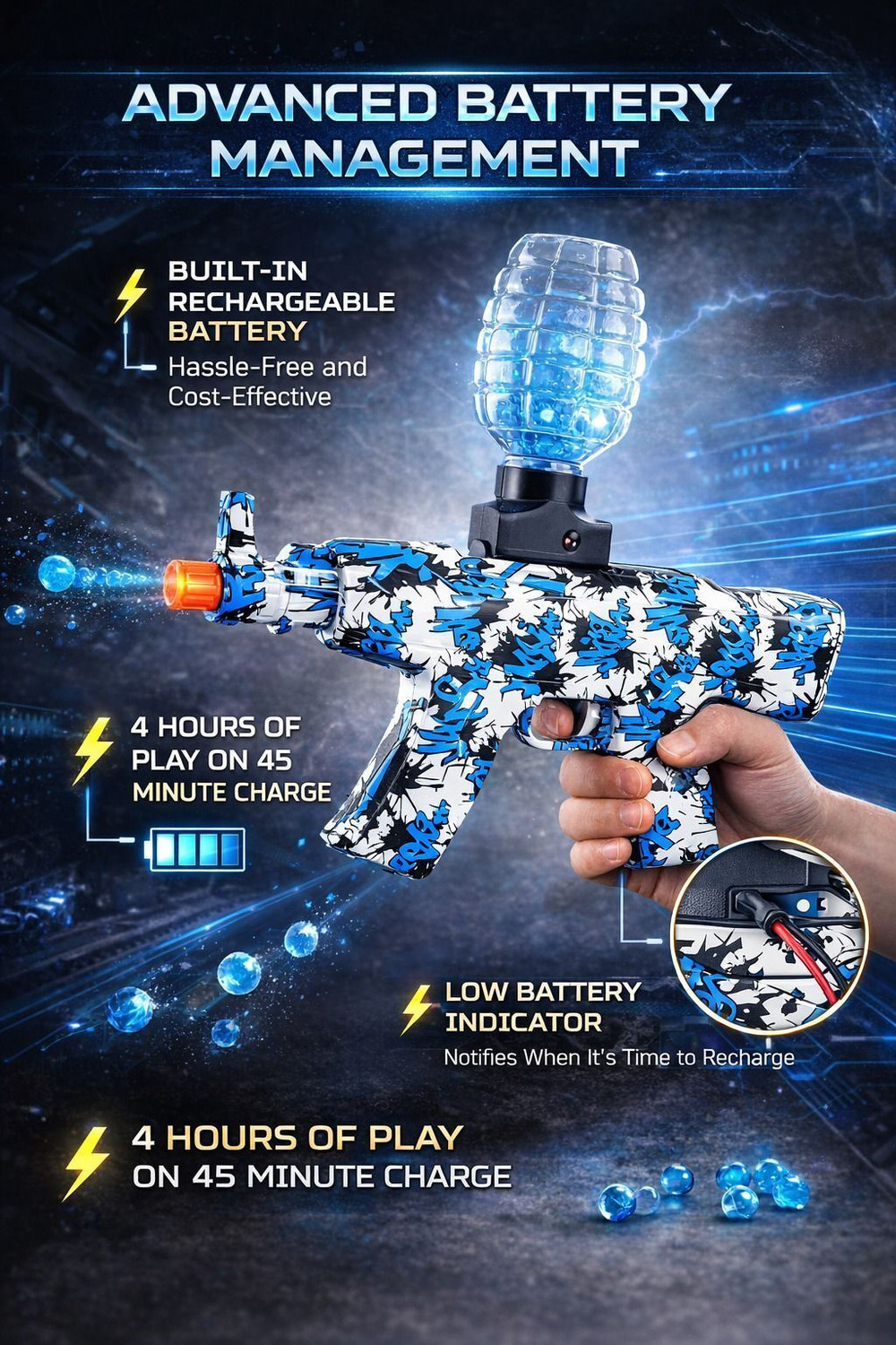 Image of Aaron Toy's Electric Automatic Gel Ball Blaster Toy Gun with Ammo | High-Speed Shooting Guns & Darts (Blue)