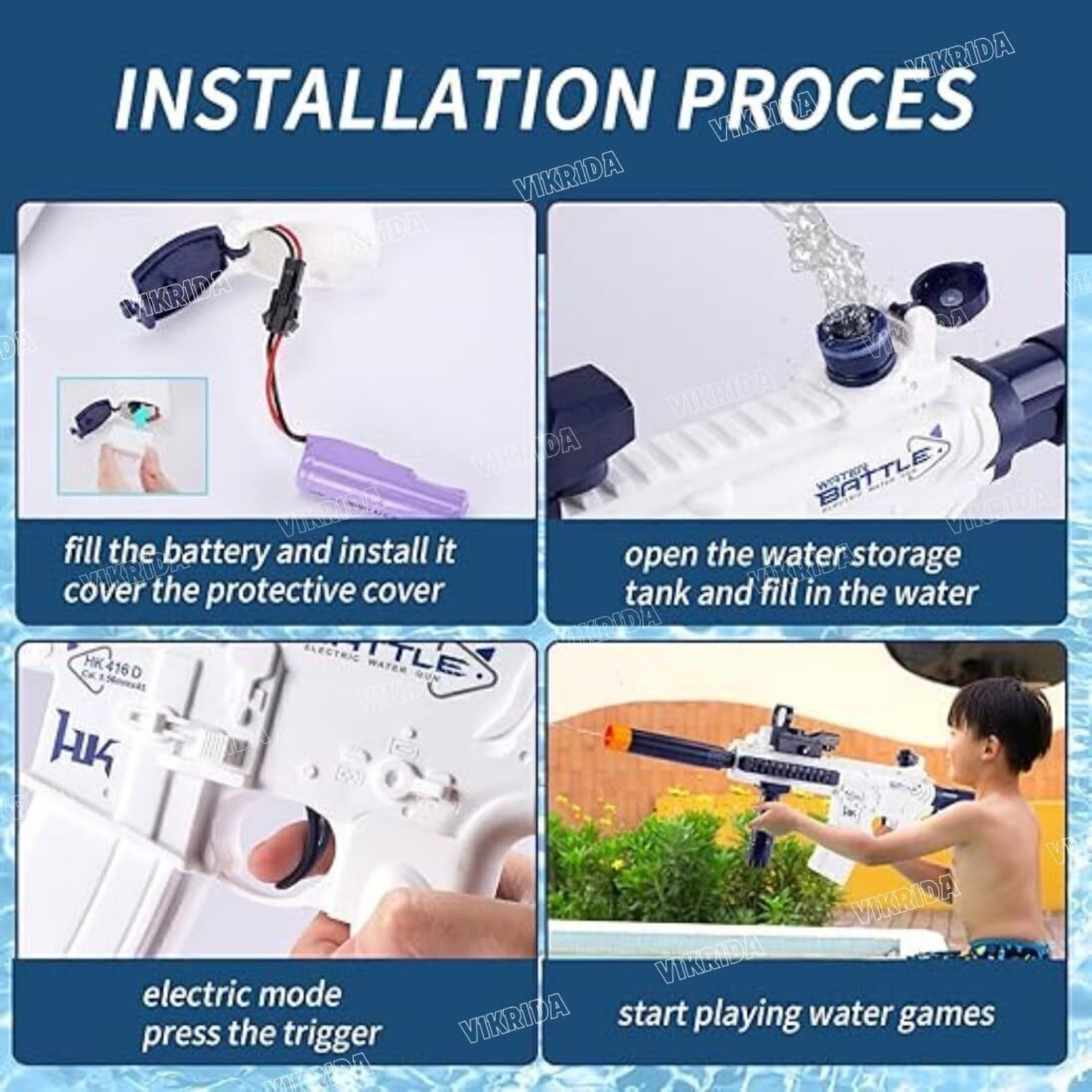 Image of VikriDa Electric Pichkari Long Range Shooting M416 with Single Batteries Water Gun (White, Blue)