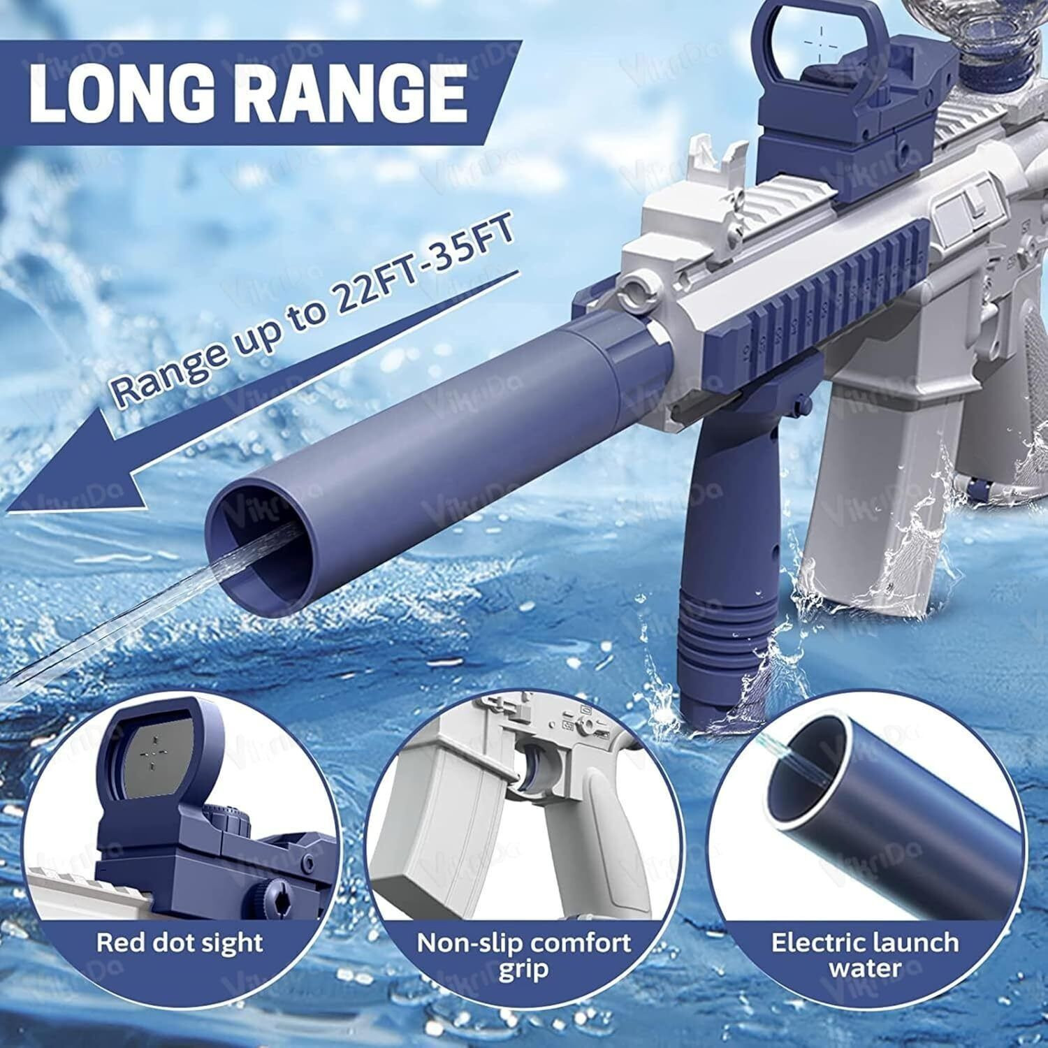Image of VikriDa Electric Pichkari Long Range Shooting M416 with Single Batteries Water Gun (White, Blue)