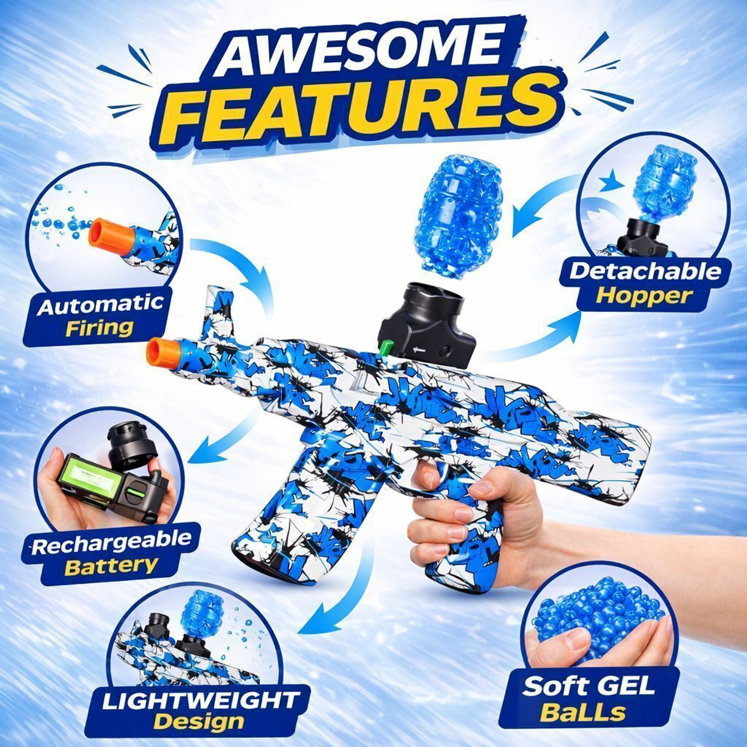Image of Aaron Toy's Electric Automatic Gel Ball Blaster Toy Gun with Ammo | High-Speed Shooting Guns & Darts (Blue)