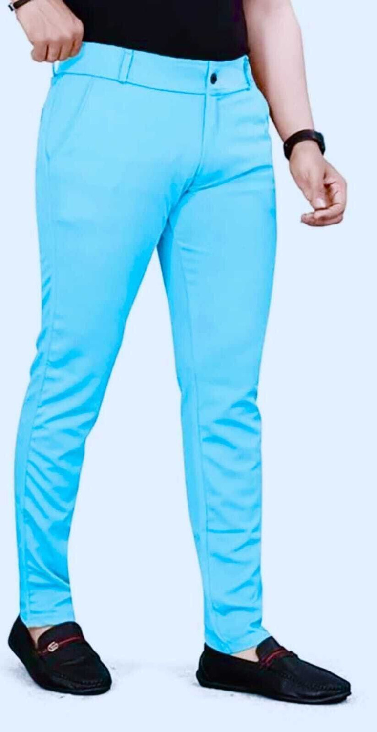 Image of Shamzah Men Regular Fit Light Blue Polycotton Trousers