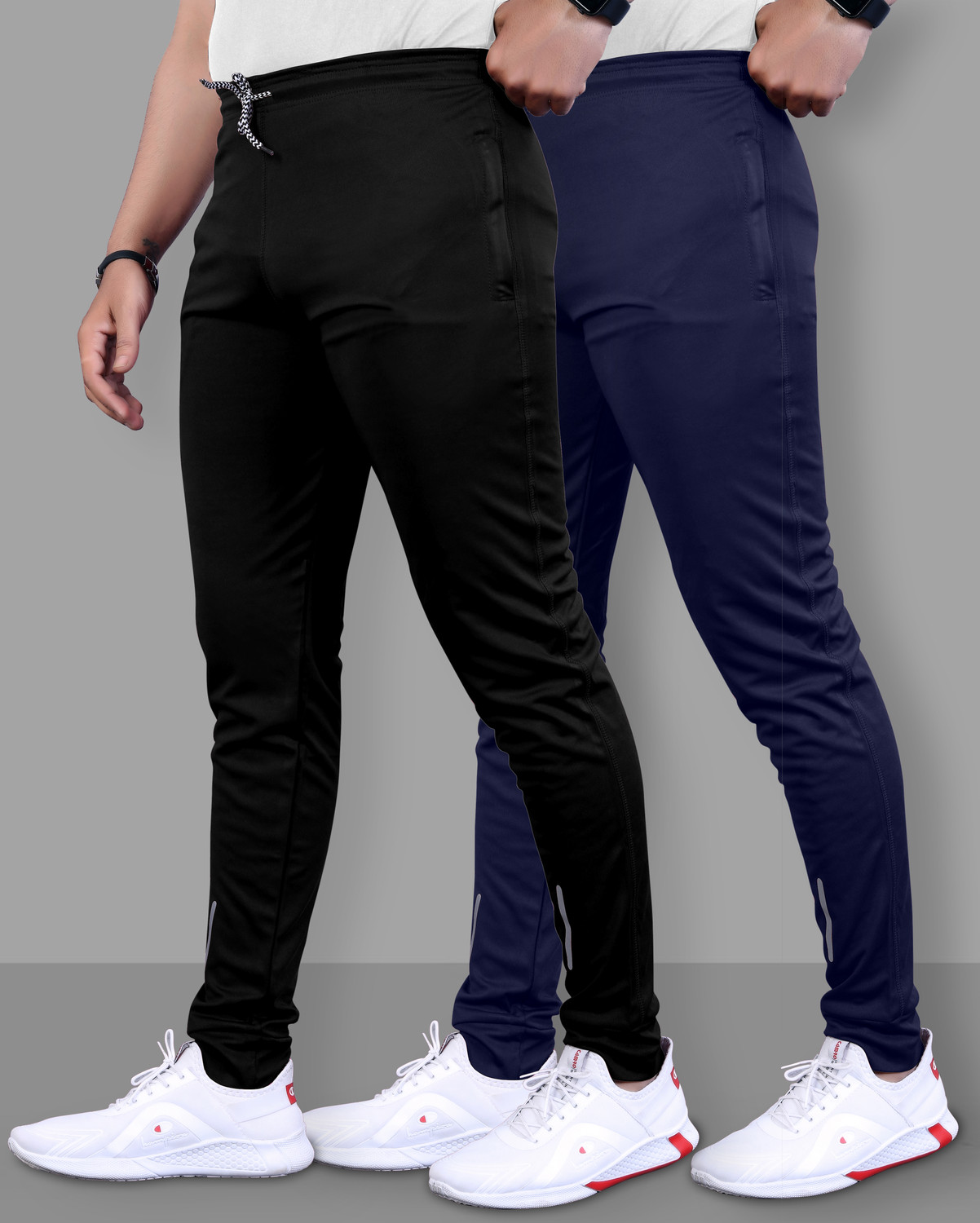Image of Suzaro Pack of 2 Men Striped Blue, Grey Track Pants